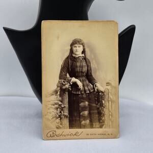 c1880 Photo Young Lady in Fabulous Plaid High Collar Dress Bostwick Cabinet Card